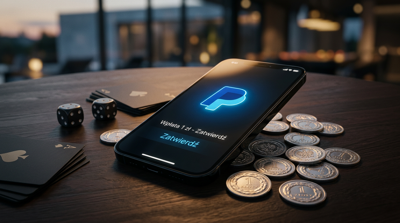 Smartfon z aplikacją PayPal i polskimi monetami 1 PLN na tle kasyna