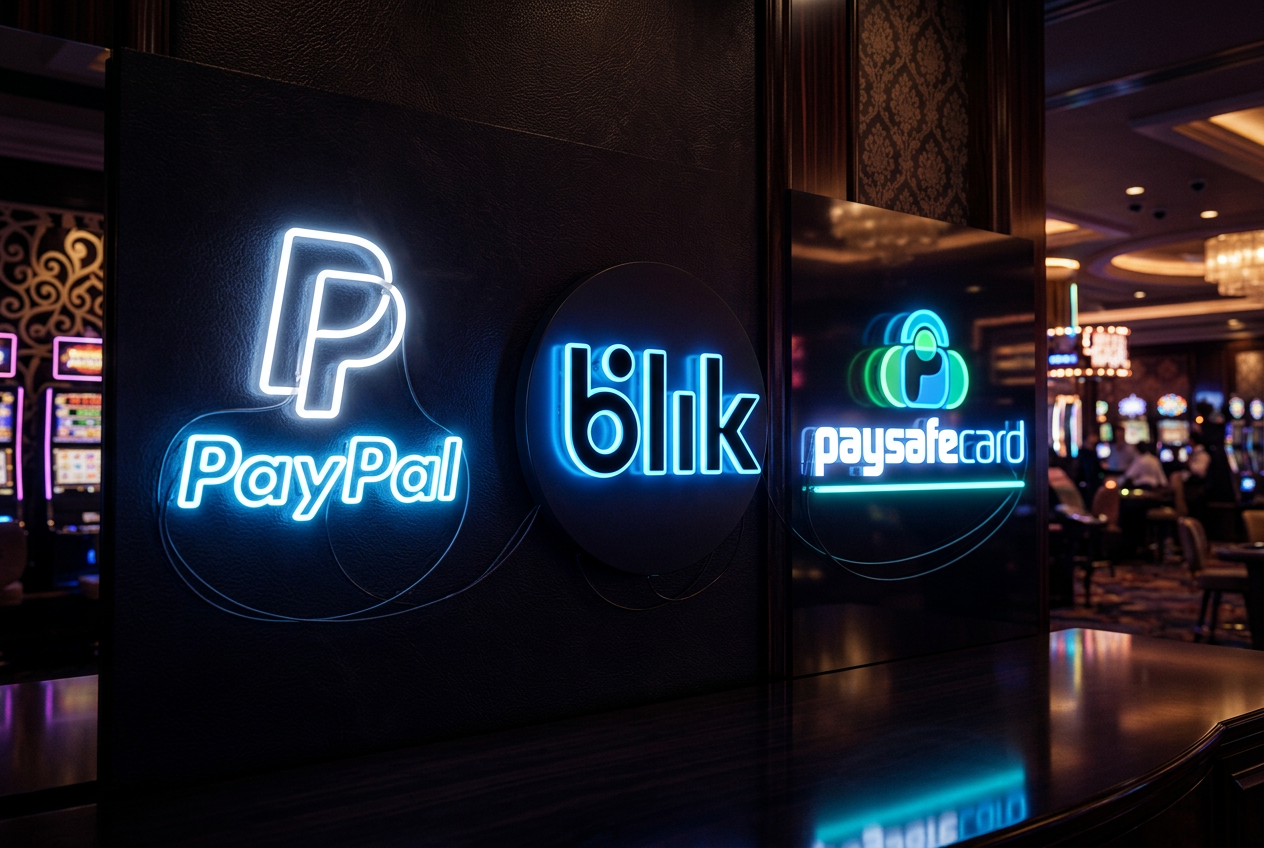 Porównanie logotypów PayPal, BLIK i Paysafecard na luksusowym ciemnym tle w klimacie kasyna