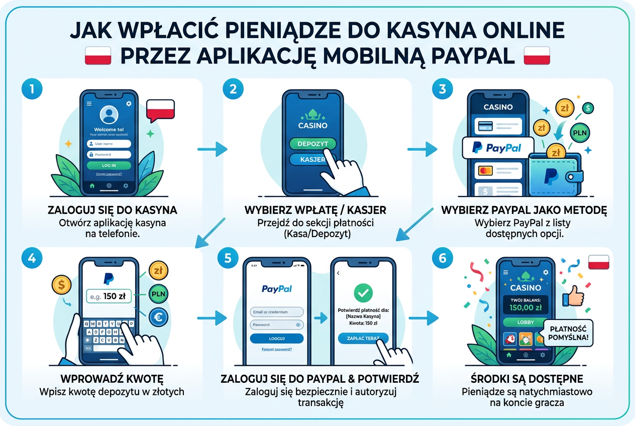 Profesjonalna infografika pokazująca kroki wpłaty depozytu do kasyna online przez PayPal
